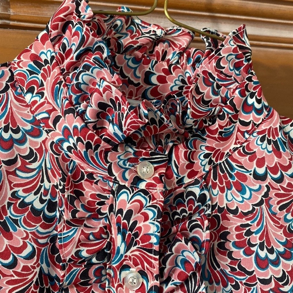 Lucky Winner Vintage Ruffle High‎ Neck Blouse Womens Size L Red Pink Psychedelic - Picture 2 of 6